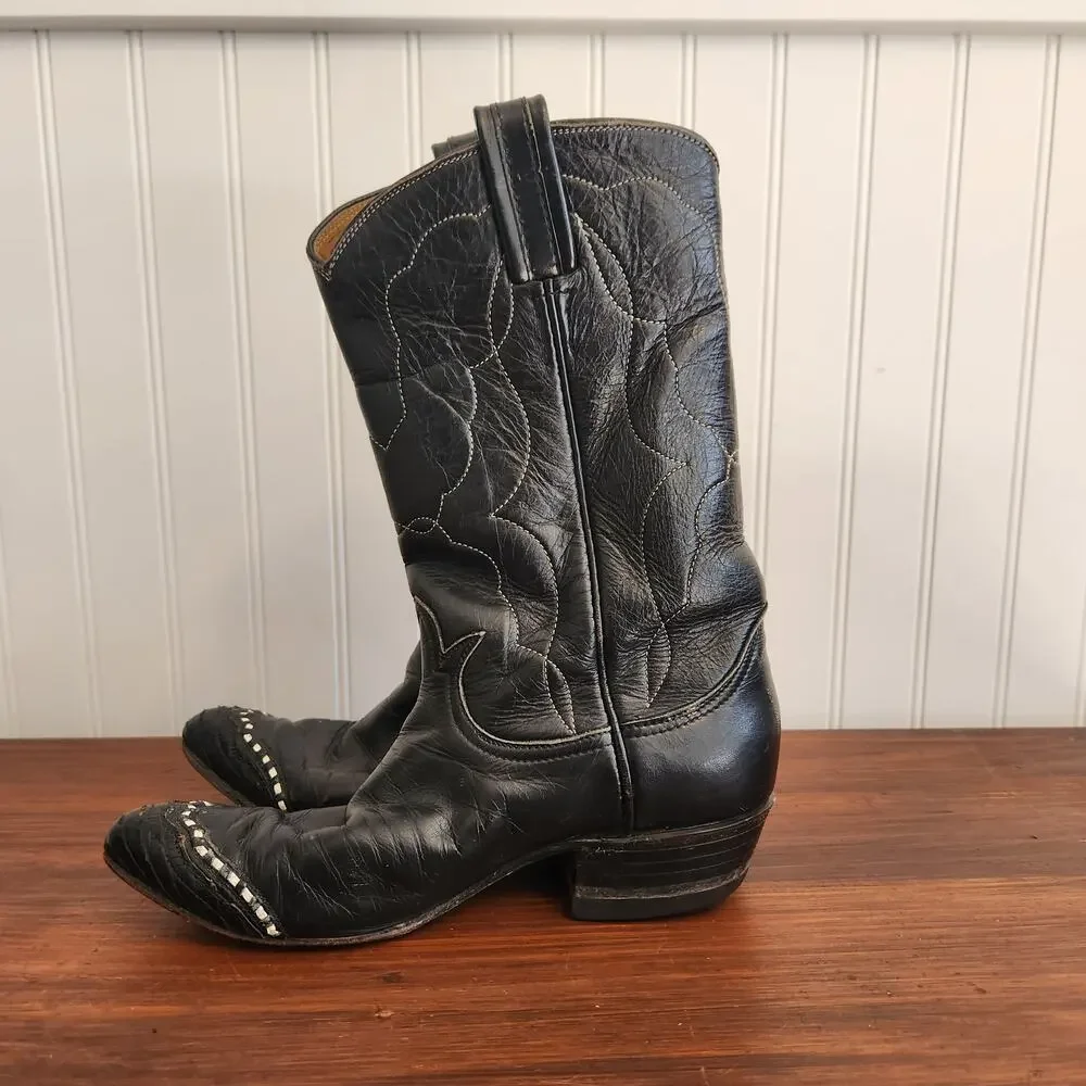 Tony Lama Women's Size 4 Cowboy Boots Vintage Style 7075 Black Leather Pre-owned